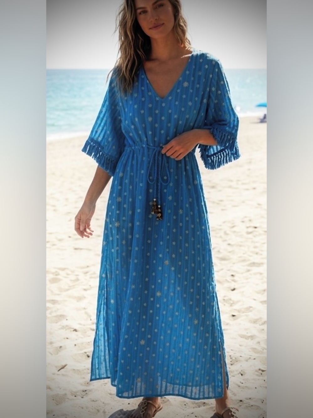 Sundress  Boho Teal Sundress with Golden Stars and beaded tassels